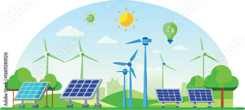 A solar power plant featuring multiple solar panels and wind turbines, showcasing renewable energy sources in a green landscape.