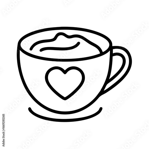 Line art coffee cup with heart-shaped foam design  