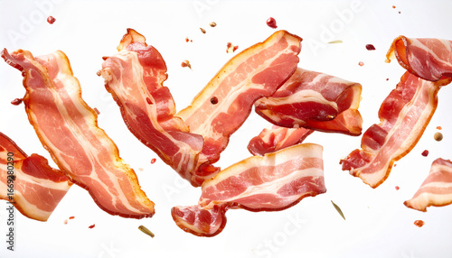 Bacon and spices floating vibrantly against a white background.
