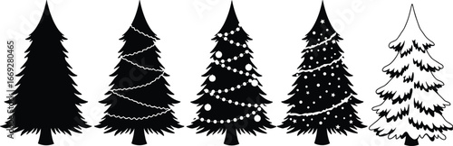 Christmas tree silhouettes, black pine tree vector, holiday decoration icons, festive evergreen clipart, winter season symbols, decorated tree outline illustration