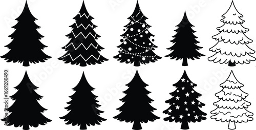 Christmas tree silhouettes, black pine trees, holiday decoration icons, festive clipart, evergreen outline, winter season symbols, vector illustration pack