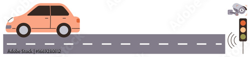 Car driving on road monitored by traffic surveillance camera near signal light. Ideal for transportation, smart city development, urban planning, technology, traffic management, road safety
