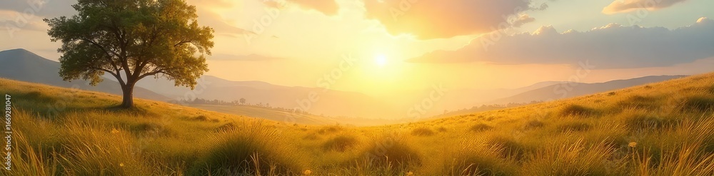 Fototapeta premium A serene, empty landscape bathed in soft sunlight; a feeling of peaceful solitude and the absence of any suffering or discomfort , emotion, open space