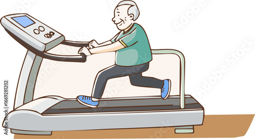 treadmill elderly man jogging home fitness setup personal training exercise workout habit maintaining healthy lifestyle  retirement physical activity cardiovascular training indoor sports equipment he