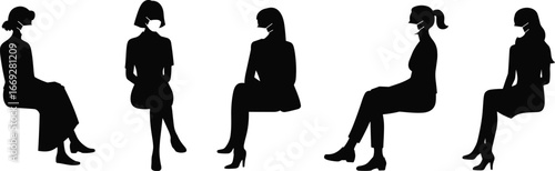 Woman silhouette sitting, female mask vector, seated lady illustration, black figure design, abstract female posture, social distancing artwork, office woman clipart
