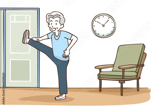 senior elderly man doing standing leg stretches exercise at home routine physical therapy rehabilitation balance training flexibility workout healthy lifestyle aging mobility improvement 