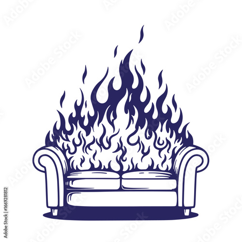 Burning couch illustration depicting metaphor of destructive consequence and social commentary