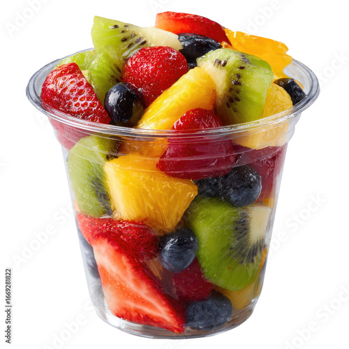 Freshly Cut Mixed Fruit Salad in Clear Plastic Takeaway Cup Isolated Transparent PNG