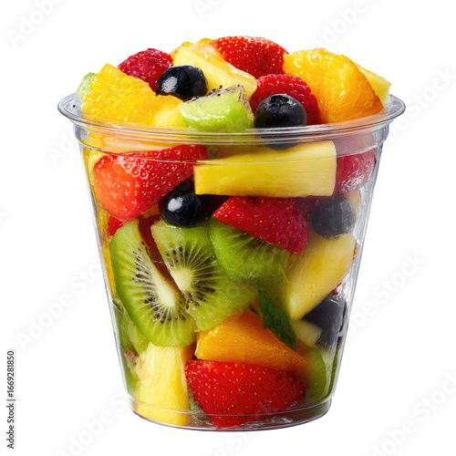 Freshly Cut Mixed Fruit Salad in Clear Plastic Takeaway Cup Isolated Transparent PNG