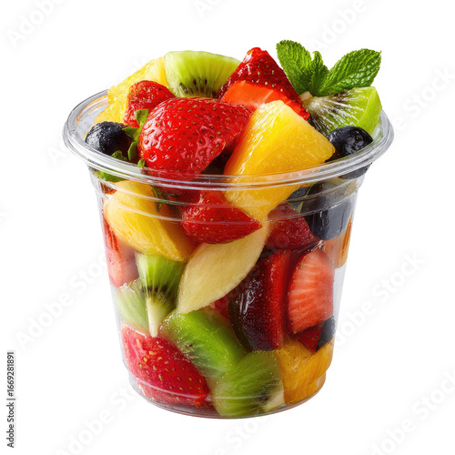 Freshly Cut Mixed Fruit Salad in Clear Plastic Takeaway Cup Isolated Transparent PNG