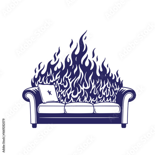 Burning couch illustration showing upholstered furniture engulfed in flames with pillow