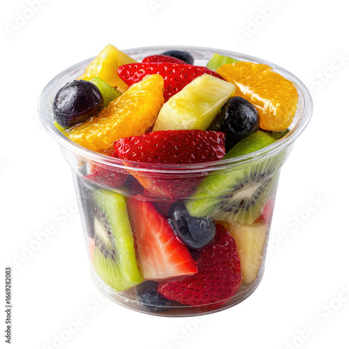 Freshly Cut Mixed Fruit Salad in Clear Plastic Takeaway Cup Isolated Transparent PNG