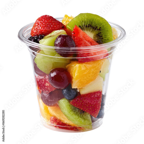 Freshly Cut Mixed Fruit Salad in Clear Plastic Takeaway Cup Isolated Transparent PNG