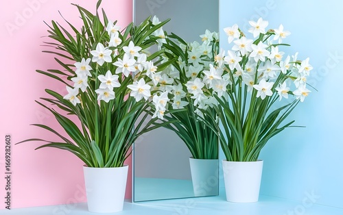 Wallpaper Mural Stunning White Daffodils in Pots Reflected in Mirror Minimalist Spring Floral Decor Torontodigital.ca