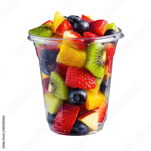 Freshly Cut Mixed Fruit Salad in Clear Plastic Takeaway Cup Isolated Transparent PNG