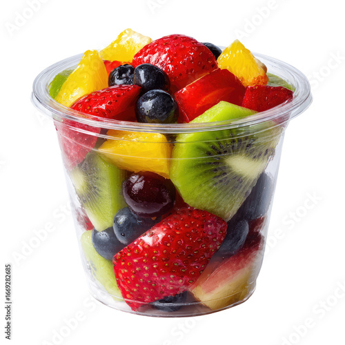 Freshly Cut Mixed Fruit Salad in Clear Plastic Takeaway Cup Isolated Transparent PNG