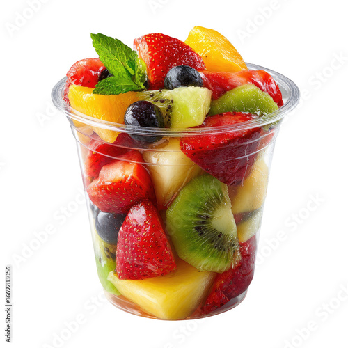 Freshly Cut Mixed Fruit Salad in Clear Plastic Takeaway Cup Isolated Transparent PNG