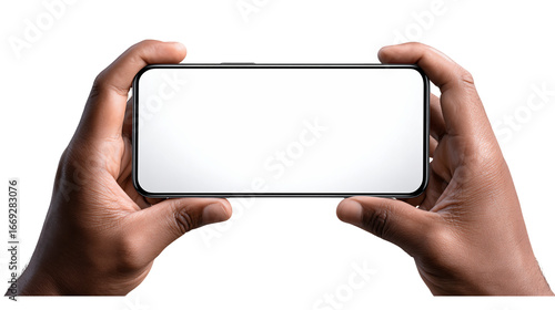 Two Hands Holding A Black Smartphone Horizontally With Blank White Screen Isolated On Transparent Background, PNG