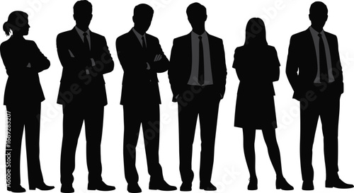Business people silhouettes, professional team standing, corporate group illustration, businesswomen and businessmen, formal attire figures, office team, leadership concept