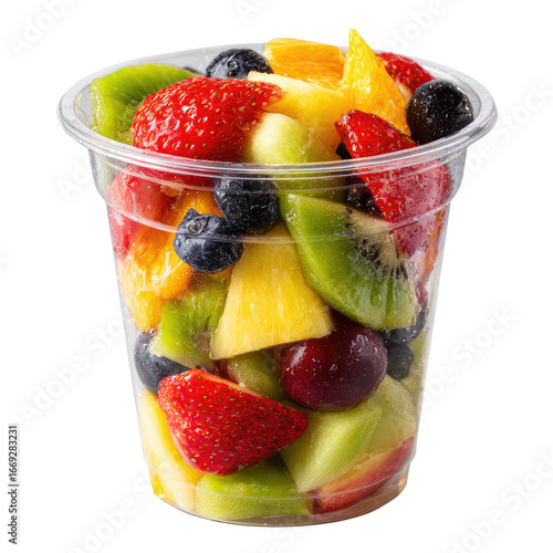 Freshly Cut Mixed Fruit Salad in Clear Plastic Takeaway Cup Isolated Transparent PNG