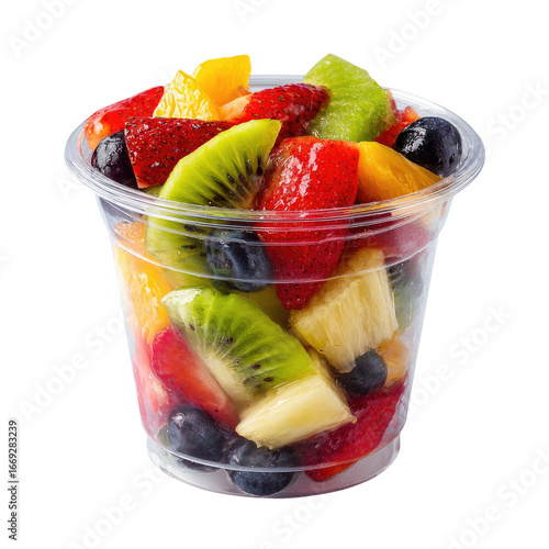 Freshly Cut Mixed Fruit Salad in Clear Plastic Takeaway Cup Isolated Transparent PNG