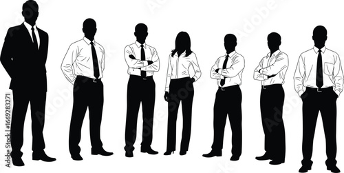 Business team silhouettes, corporate professionals standing, office attire, teamwork concept, leadership, group pose, formal dress, executive staff illustration