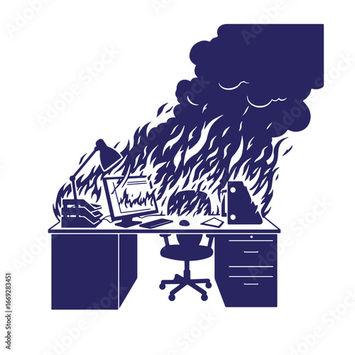 Burning office desk with flames and smoke symbolic of stress and overwork concept