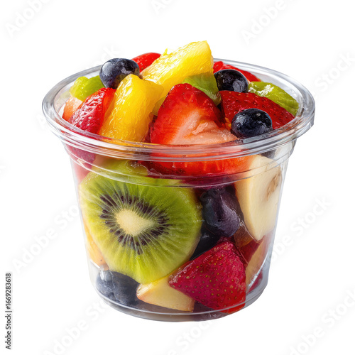 Freshly Cut Mixed Fruit Salad in Clear Plastic Takeaway Cup Isolated Transparent PNG