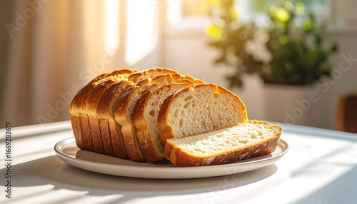 Sliced bread loaf with sunlit kitchen.