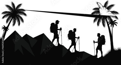 Silhouette of hikers walking mountain trail, trekking group with backpacks, outdoor adventure exploration, tropical palm trees, nature travel lifestyle illustration