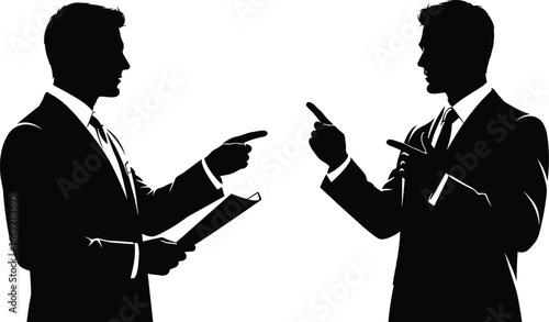 Silhouette of two businessmen arguing, pointing fingers, business conflict, disagreement concept, professional discussion, corporate tension, formal attire scene