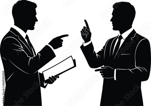 Two businessmen arguing in office, pointing fingers, heated discussion, workplace conflict, professional disagreement, corporate communication, business tension, formal attire debate