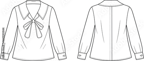 Women's blouse fashion flat, technical fashion sketch, long sleeve top, bow collar design, vector apparel template, front back view