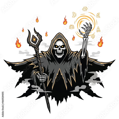 A grim reaper-like figure, cloaked and skeletal, wields a staff and conjures magic, surrounded by flames and dice.