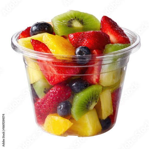 Freshly Cut Mixed Fruit Salad in Clear Plastic Takeaway Cup Isolated Transparent PNG