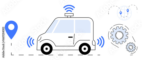 Self-driving car equipped with GPS, wireless signals, sensors, gears, and mapping structures. Ideal for technology, innovation, autonomy, AI development navigation smart cities transportation