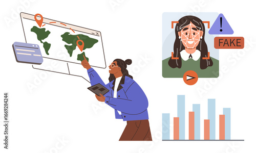 Woman examining a global map on a screen with location markers, deepfake detection technology, and a data chart. Ideal for technology, education, media ethics, data analysis, cybersecurity, global