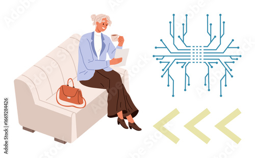 Woman sitting on couch, holding laptop and coffee, futuristic circuit pattern, digital arrows. Ideal for technology, remote work, business, innovation, multitasking connectivity simple flat