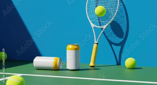 Tennis Court Refreshment: A Vibrant Scene with a Racket, Ball, and Cans of Sparkling Water,A Refreshing Break: Tennis Court Composition with Energy Drinks, Racket, and Tennis Balls