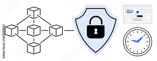 Network blockchain structure connected to shield with lock, graph statistics on screen, and clock. Ideal for cybersecurity, blockchain, data protection, analytics, productivity, time tracking simple