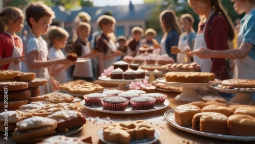 Sun-drenched Community Bake Sale with Children and Abundant Homemade Pastries