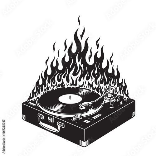 Burning turntable vinyl record player graphic depicting passionate retro music illustration