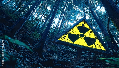 Radioactive Symbol Warning Sign in Dark, Stylized Forest – Environmental Danger Concept