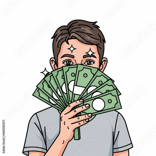 Boy happily hides face behind a fan of dollar bills.