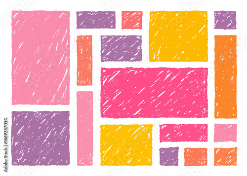 Colorful crayon textured rectangles and squares arranged on a white background