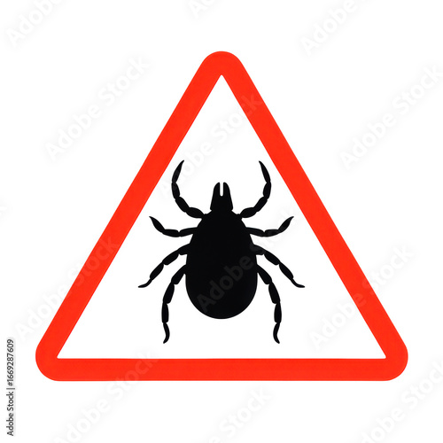 Warning sign showing a black tick inside a red triangle, symbolizing danger or risk of tick-borne diseases and bites.