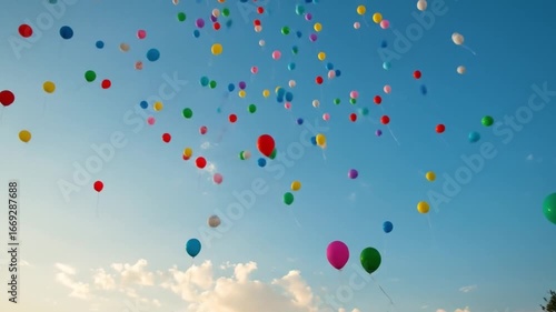 Colorful balloons rising into blue sky