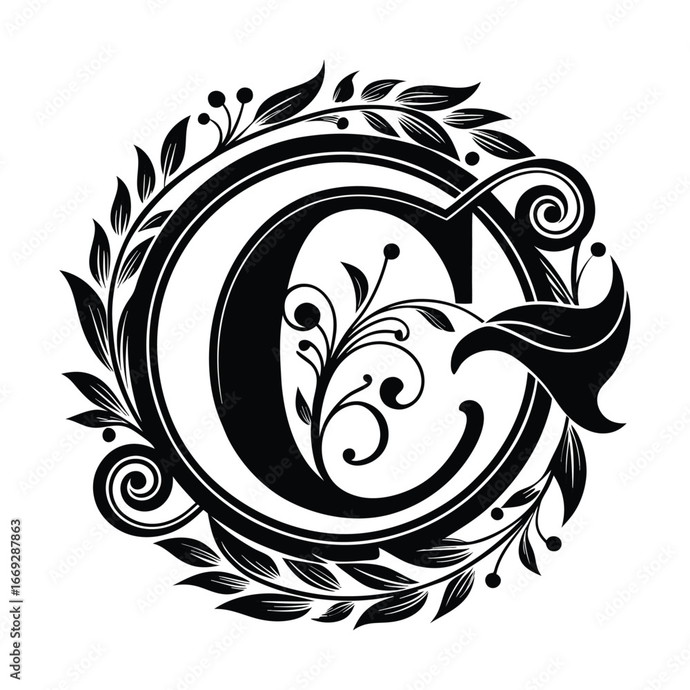 Fototapeta premium Ornate Black Letter C Monogram with Intricate Floral Design