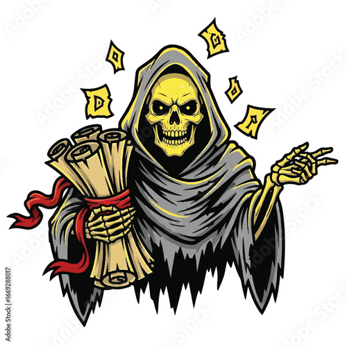 A cartoon grim reaper with a yellow skull face holding scrolls and surrounded by floating magical cards.