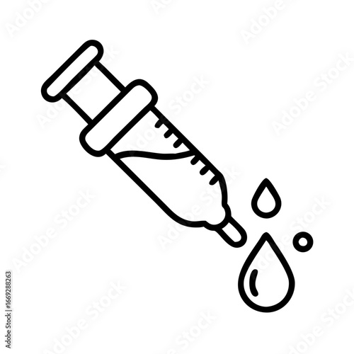 Syringe with liquid dropping in black and white outline style  